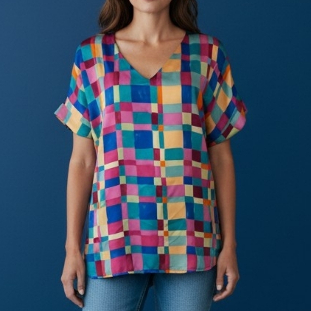 EMILY WONDER Colorful Rainbow Checkered V-neck Short Sleeve Satin Top